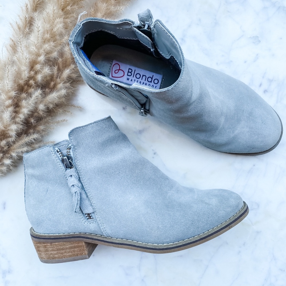 Blondo Linda Waterproof Booties | Grey/Blue Suede